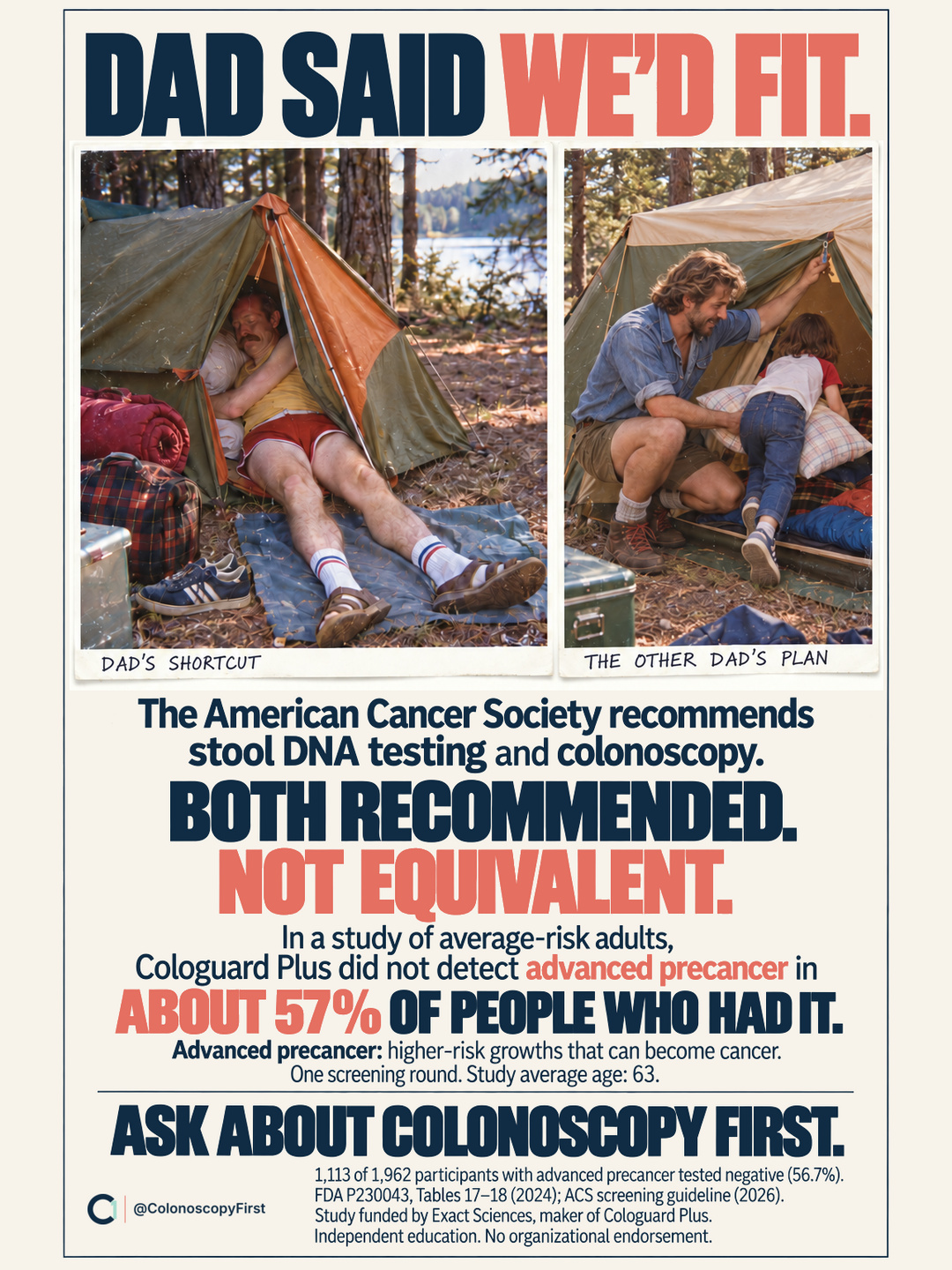 Dad’s Camping Trip fictional comparison ad. About 57% of people with advanced precancer tested negative with Cologuard Plus in one FDA screening round.