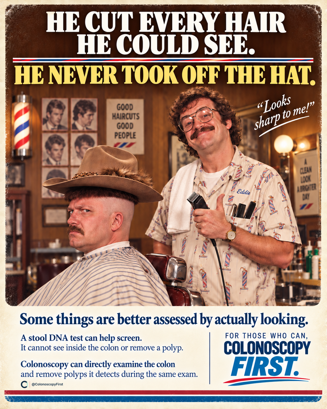 The Barber fictional campaign scene. He cut every hair he could see. He never took off the hat.